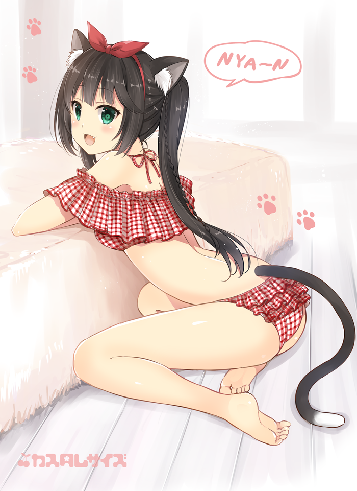 1girl :d animal_ears aqua_eyes ass bangs barefoot black_hair blunt_bangs blush breasts cat_ears cat_tail cleavage commentary_request eyebrows_visible_through_hair feet frilled_panties frills indoors long_hair looking_at_viewer looking_back nyan open_mouth original panties paw_print plaid plaid_panties revision sakurai_makoto_(custom_size) sitting smile solo speech_bubble tail twintails underwear
