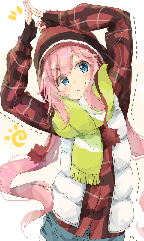 1girl arms_up beanie black_gloves blue_shorts blush closed_mouth dotted_line eyebrows_visible_through_hair fingerless_gloves gloves green_scarf hat kagamihara_nadeshiko leaning_to_the_side long_hair long_sleeves looking_at_viewer low_twintails pink_hair plaid plaid_shirt red_shirt scarf shiina_kuro shirt shorts smile solo steepled_fingers striped striped_scarf twintails v-shaped_eyebrows very_long_hair vest white_background yurucamp