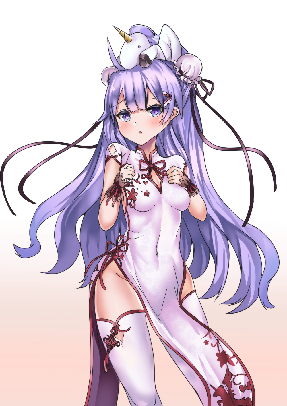 1girl :o ahoge azur_lane black_ribbon blush breasts brown_background bun_cover commentary_request covered_navel double_bun dress gradient gradient_background groin highres medium_breasts on_head parted_lips pelvic_curtain purple_hair ribbon setu_(shining12) short_sleeves side_bun side_slit solo stuffed_animal stuffed_pegasus stuffed_toy stuffed_unicorn thigh-highs unicorn_(azur_lane) violet_eyes white_background white_dress white_legwear