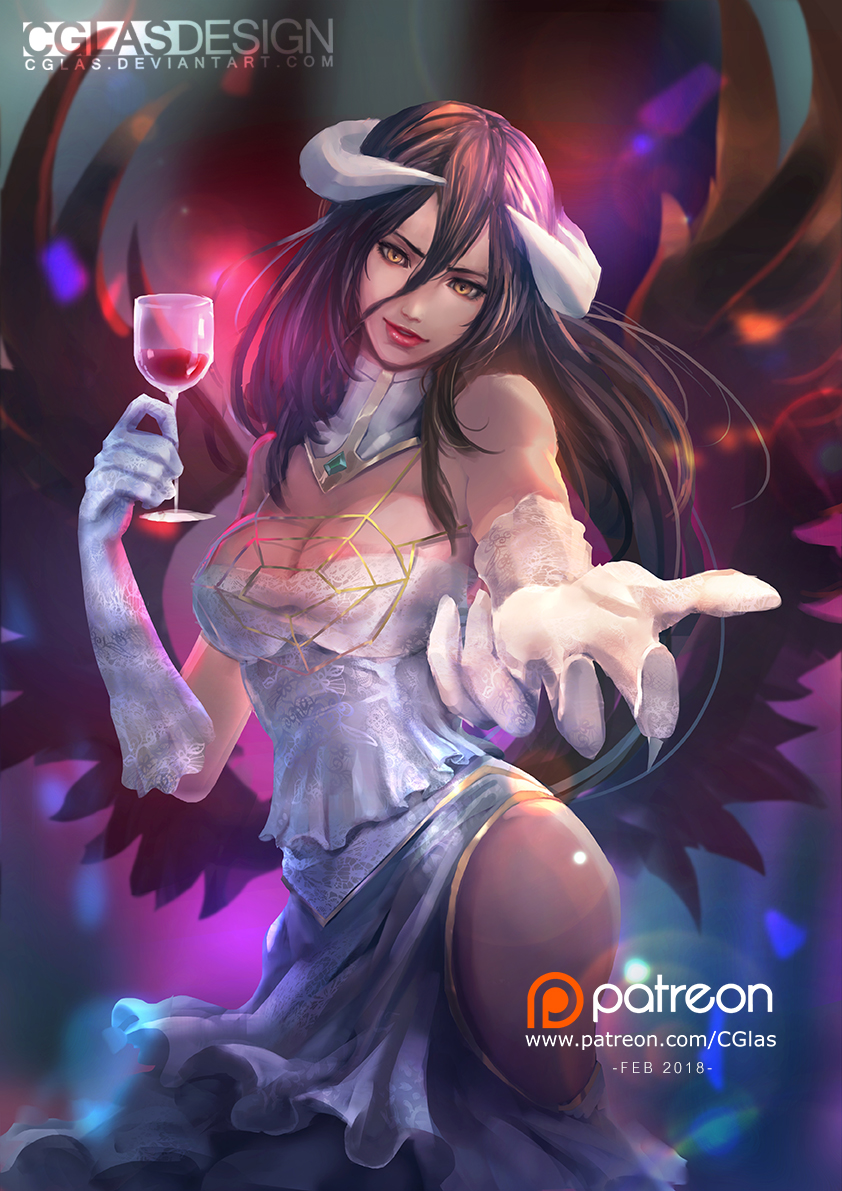 1girl albedo black_hair black_wings breasts cglas cleavage cup demon_girl demon_horns demon_wings detached_collar dress drinking_glass feathered_wings glass gloves hair_between_eyes head_tilt hip_vent hips horns low_wings outstretched_hand overlord_(maruyama) skeleton slit_pupils standing white_dress white_gloves wine_glass wings yellow_eyes