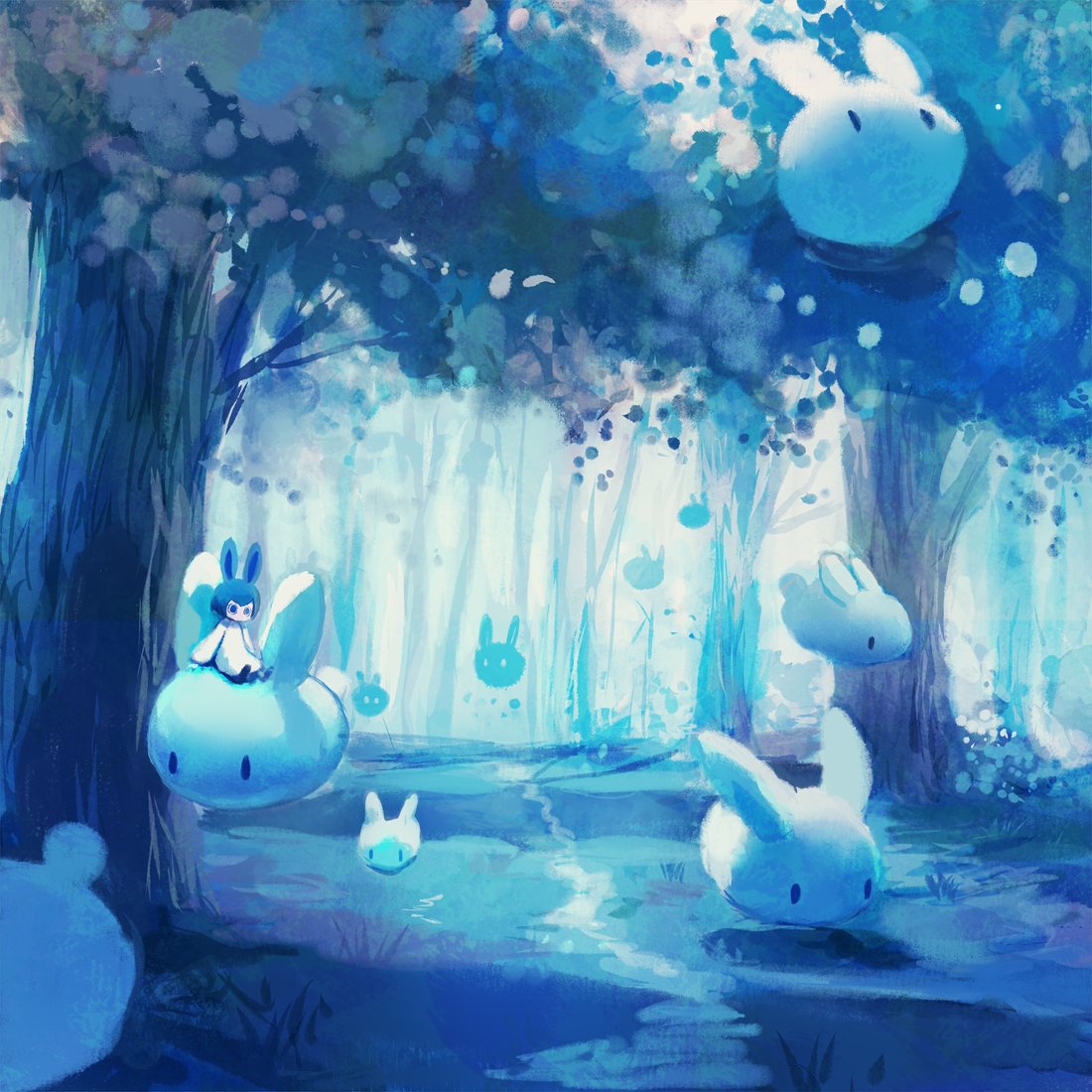 ambiguous_gender animal_ears blue blue_eyes blue_hair commentary_request fantasy forest looking_at_viewer manino_(mofuritaionaka) monochrome nature original path rabbit rabbit_ears road robe short_hair sitting solo tree