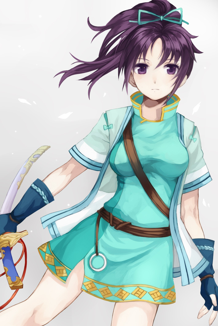 1girl blue_dress breasts cowboy_shot dress expressionless fir fire_emblem fire_emblem:_fuuin_no_tsurugi gloves grey_background haori japanese_clothes jurge katana looking_at_viewer medium_breasts ponytail purple_hair scabbard sheath sheathed short_dress short_hair simple_background solo strap sword violet_eyes weapon