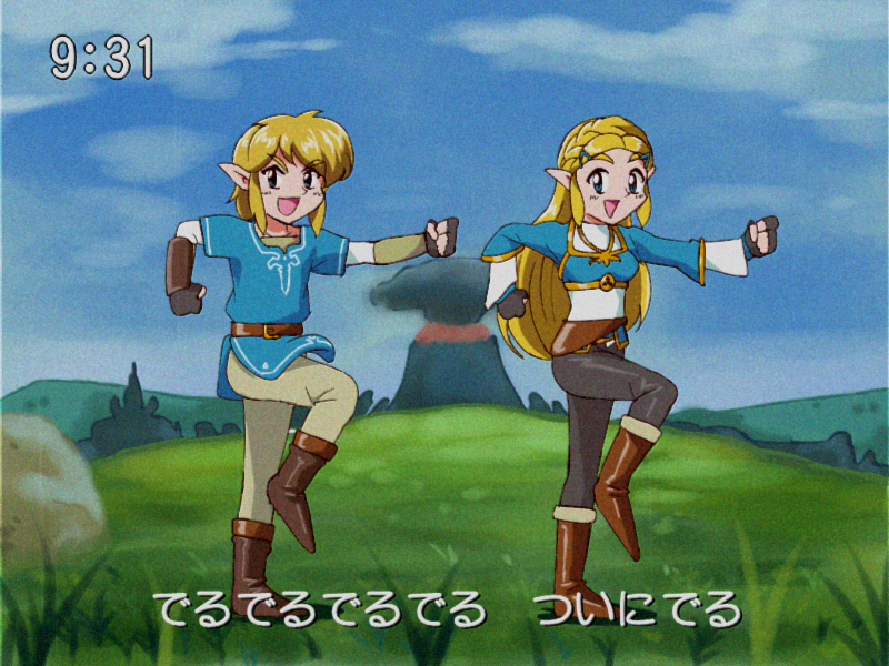 1boy 1girl 90s anime_coloring belt blonde_hair blue_eyes choroli_(chorolin) commentary_request elf fake_screenshot fingerless_gloves gloves link long_hair parody pointy_ears princess_zelda style_parody subtitled the_legend_of_zelda the_legend_of_zelda:_breath_of_the_wild timestamp translation_request volcano