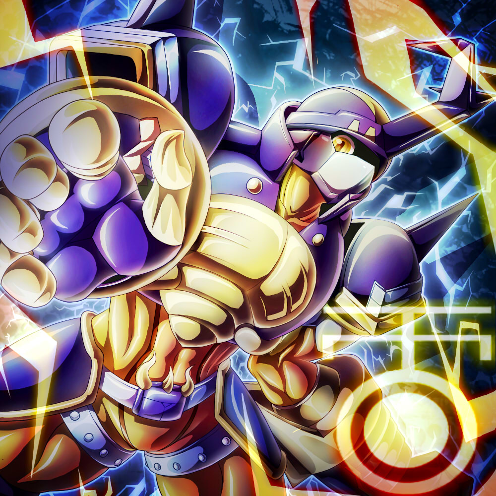 armor blitzmon digimon digimon_frontier electricity gloves helmet no_humans pikkar solo upper_body yellow_eyes