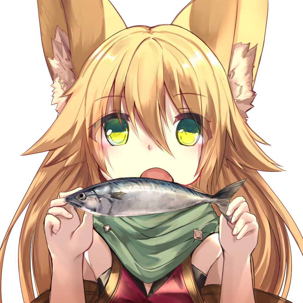 1girl animal_ears bangs blonde_hair commentary_request eyebrows_visible_through_hair fingernails fish fox_ears green_eyes green_scarf haik hair_between_eyes hands_up holding long_hair looking_at_viewer open_mouth original scarf simple_background solo upper_body white_background