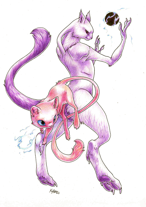 2015 arms_up blue_eyes claws closed_mouth commentary endivinity energy_ball floating looking_away looking_to_the_side mew mewtwo pokemon pokemon_(creature) pokemon_(game) pokemon_rgby realistic serious signature simple_background tail traditional_media violet_eyes white_background