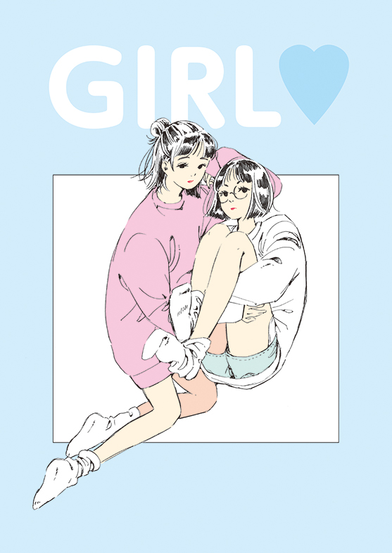 2girls bangs black_hair denim denim_shorts english exposed_pocket eyelashes glasses hair hair_bun hand_on_head heart kneeling leg_hug limited_palette lips lipstick makeup multiple_girls nail_polish oversized_clothes round_eyewear shirokumacham short_shorts shorts simple_background sock_dangle socks sweatshirt