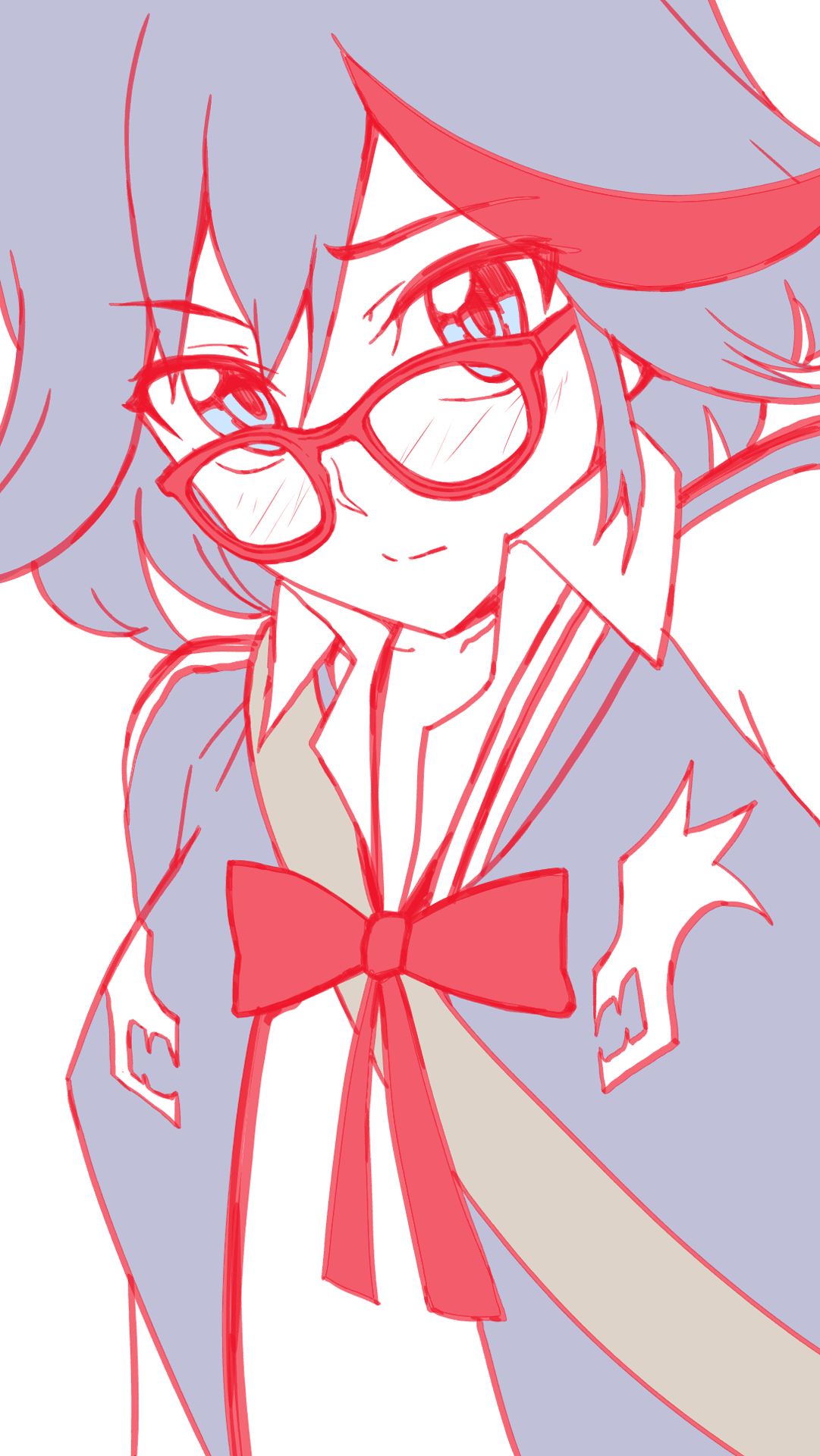 1girl bespectacled black-framed_eyewear black_hair blue_eyes blush collared_shirt glasses highres kill_la_kill kuso_otoko matoi_ryuuko multicolored_hair redhead school_uniform shirt simple_background solo strap two-tone_hair white_background