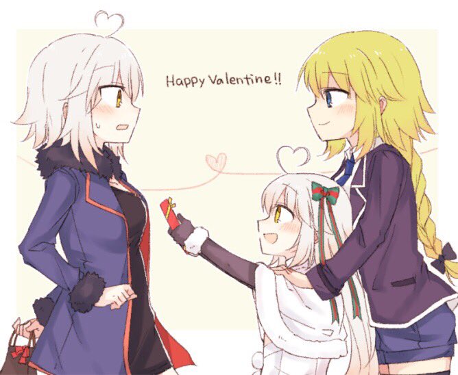 3girls ahoge anmitsu_prv arm_behind_back black_gloves blonde_hair blush bow box casual commentary_request elbow_gloves english fate/grand_order fate_(series) fur_trim gloves green_bow hair_bow happy_valentine heart heart_ahoge heart_of_string holding holding_box jacket jeanne_d'arc_(alter)_(fate) jeanne_d'arc_(fate) jeanne_d'arc_(fate)_(all) jeanne_d'arc_alter_santa_lily long_braid long_sleeves looking_at_another multiple_girls multiple_persona open_clothes open_jacket open_mouth red_bow short_hair short_shorts shorts smile striped striped_bow sweat thigh-highs valentine white_hair
