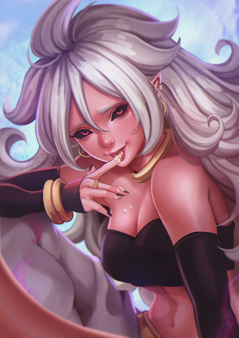 1girl android_21 black_nails black_sclera bracelet cream dragon_ball dragon_ball_fighterz earrings eyelashes hoop_earrings jewelry long_hair looking_at_viewer magion02 majin_android_21 monster_girl nail_polish navel pink_skin pointy_ears red_eyes ring smile solo stomach tail tongue tongue_out very_long_hair