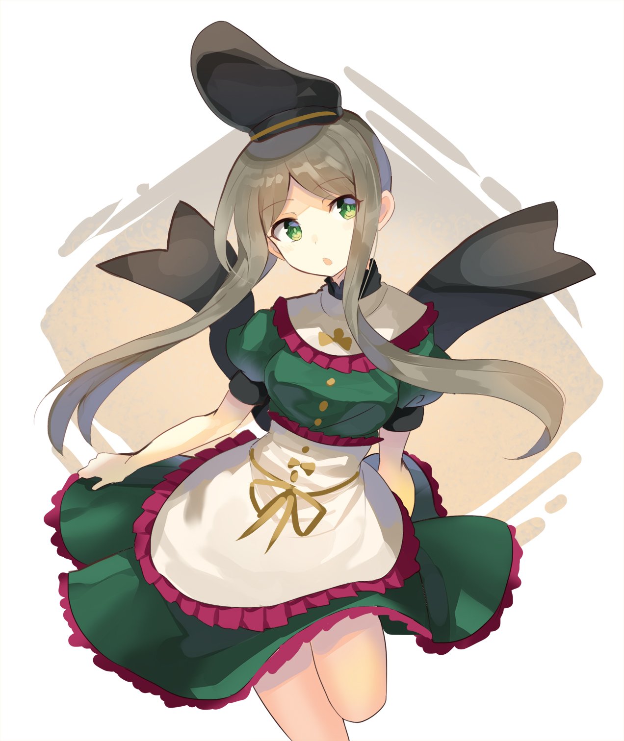 1girl apron breasts commentary_request cowboy_shot dress eyebrows_visible_through_hair frilled_apron frilled_dress frilled_shirt_collar frills green_dress green_hair hat head_tilt highres looking_at_viewer medium_breasts parted_lips puffy_short_sleeves puffy_sleeves rin_falcon short_hair short_hair_with_long_locks short_sleeves sidelocks simple_background solo standing standing_on_one_leg teireida_mai touhou waist_apron white_apron white_background