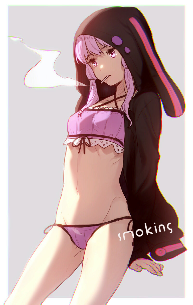 1girl adapted_costume ai_kusunoki animal_hood arms_behind_back bangs bikini breasts bunny_hood cigarette criss-cross_halter halter_top halterneck hood hood_up hoodie long_sleeves looking_to_the_side navel open_clothes open_hoodie purple_bikini purple_hair short_hair_with_long_locks side-tie_bikini sidelocks small_breasts smoke smoking solo standing swimsuit thighs two-tone_background violet_eyes vocaloid voiceroid yuzuki_yukari