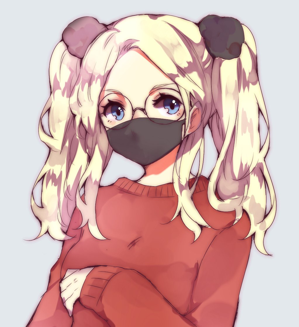 bangs blonde_hair blue_eyes blush commentary commission copyright_request face_mask glasses grey_background long_sleeves looking_at_viewer mask parted_bangs peachpii red_sweater simple_background sweater twintails