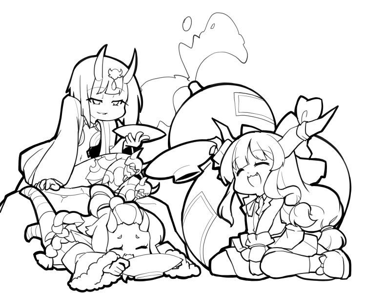 3girls berusuke_(beru_no_su) character_request closed_eyes commentary_request copyright_request crossover cup fang fate/grand_order fate_(series) gourd greyscale ibuki_suika long_hair long_sleeves low-tied_long_hair lying monochrome multiple_girls navel on_stomach oni oni_horns open_mouth sakazuki short_hair shuten_douji_(fate/grand_order) sitting sleeveless touhou trait_connection very_long_hair