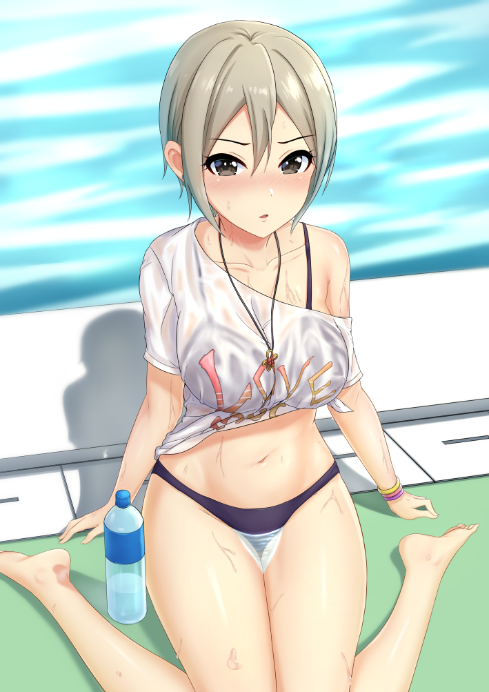 1girl bare_legs barefoot bikini bikini_under_clothes black_bikini blonde_hair blush bottle bracelet breasts brown_eyes cleavage clothes_writing day idolmaster idolmaster_cinderella_girls jewelry knees_together_feet_apart large_breasts miyazumi navel necklace nose_blush off_shoulder outdoors pendant pool poolside see-through shadow shiny shiny_hair shiny_skin shiomi_shuuko shirt short_hair short_sleeves single_bare_shoulder sitting solo stomach sunlight swimsuit tied_shirt wakamezake wariza water water_bottle water_drop wet wet_clothes wet_shirt white_shirt