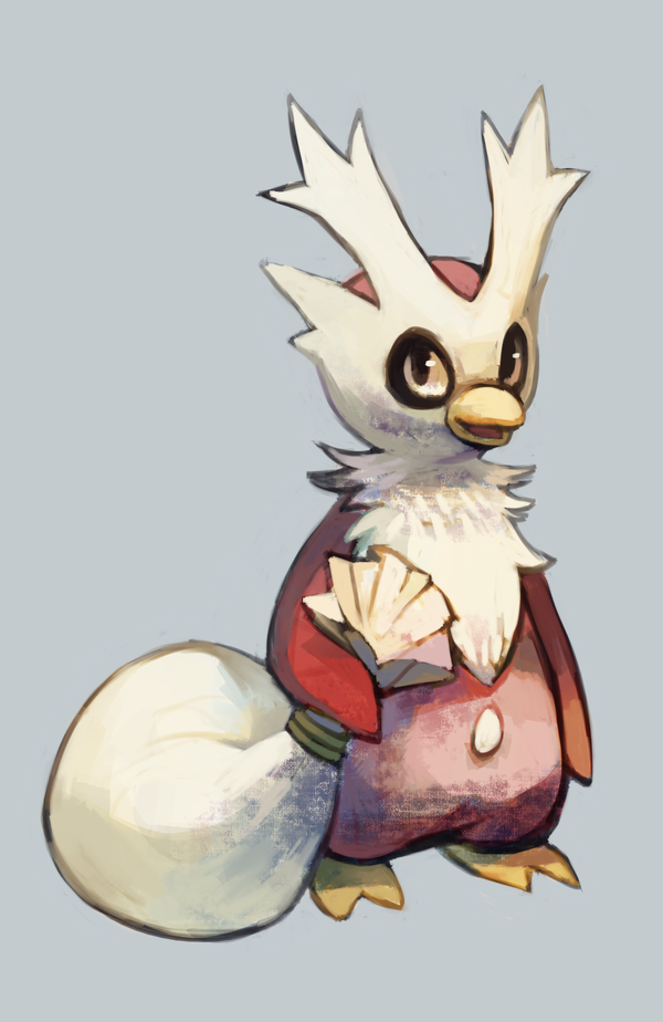 beak bird brown_eyes commentary creature delibird full_body fushigi_no_dungeon glitchedpuppet grey_background holding_bag legs_apart looking_at_viewer parted_lips pokemon pokemon_(creature) pokemon_fushigi_no_dungeon simple_background standing wings