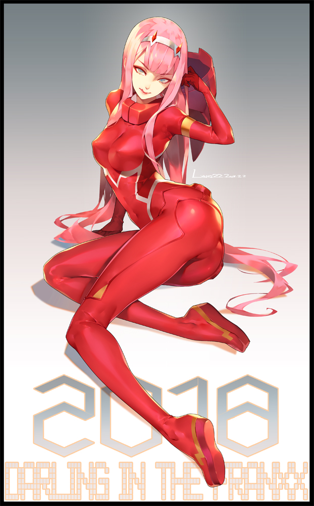 1girl 2018 ass bangs blue_eyes blunt_bangs bodysuit breasts covered_navel darling_in_the_franxx erect_nipples full_body half-closed_eyes horns licking_lips long_hair looking_at_viewer lvans pilot_suit red_bodysuit skin_tight solo tongue tongue_out very_long_hair zero_two_(darling_in_the_franxx)