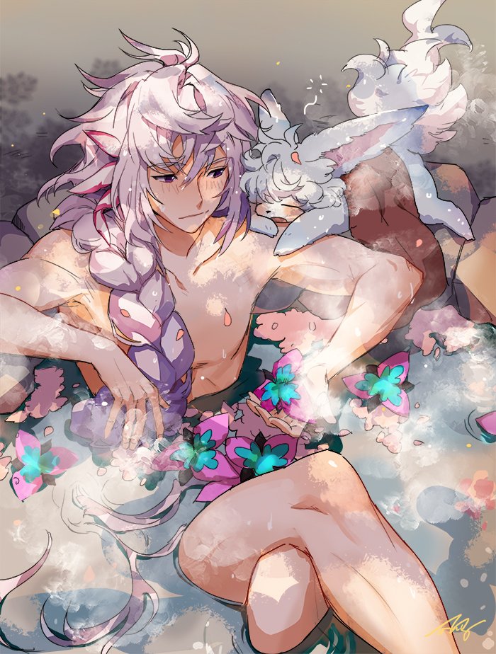 1boy animal animal_on_shoulder bathing braid fate/grand_order fate_(series) fou_(fate/grand_order) legs_crossed long_hair looking_at_another male_focus merlin_(fate/stay_night) onsen rock signature silver_hair solo steam very_long_hair
