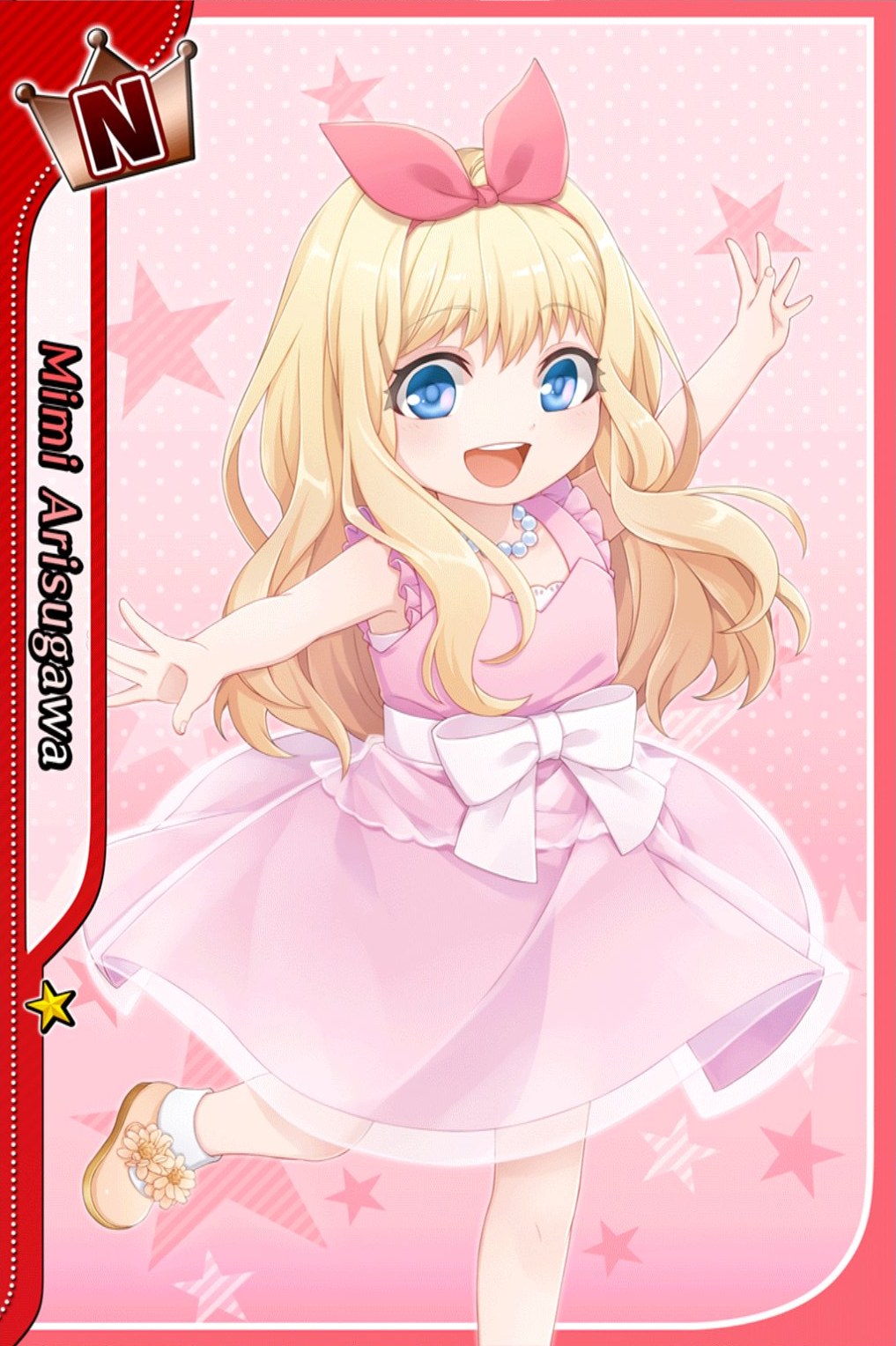 1boy arisugawa_mimi blonde_hair blue_eyes blush card_(medium) character_name crossdressinging dress hair_ribbon highres i-chu jewelry long_hair necklace official_art open_mouth pearl_necklace pink_dress ribbon smile solo trap