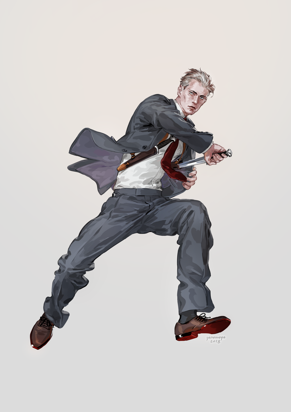 1boy 2018 artist_name black_jacket black_pants brown_footwear closed_mouth formal full_body green_eyes grey_background grey_hair hidden_blade highres holding holding_sword holding_weapon jacket jane_mere lips long_sleeves looking_at_viewer male_focus necktie original pants red_neckwear revision sheath shirt shoes simple_background solo suit sword unbuttoned unsheathing weapon white_shirt