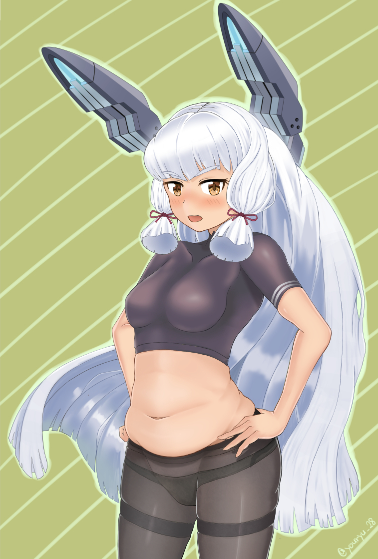 1girl bangs belly black_legwear blush breasts crop_top curvy fat gloves hair_ribbon hands_on_hips headgear kantai_collection long_hair looking_at_viewer love_handles medium_breasts muffin_top murakumo_(kantai_collection) navel open_mouth panties panties_under_pantyhose pantyhose plump ribbon silver_hair simple_background underwear yellow_eyes youryuu