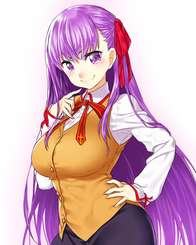 &gt;:) 1girl bb_(fate/extra_ccc) blush breasts commentary_request eyebrows_visible_through_hair fate/extra fate/extra_ccc fate_(series) hair_ribbon hand_on_hip homurahara_academy_uniform large_breasts long_hair long_sleeves looking_at_viewer matou_sakura onsoku_maru purple_hair ribbon school_uniform shirt simple_background skirt smile solo very_long_hair vest violet_eyes white_shirt