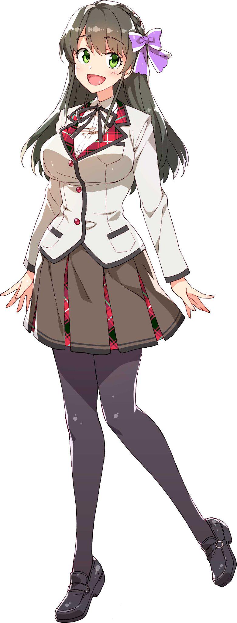 1girl :d black_footwear black_legwear black_ribbon blush bow brown_hair brown_skirt chuuko_demo_koi_ga_shitai! dress_shirt eyebrows_visible_through_hair green_eyes grey_jacket hair_bow hatsushiba_yuuka highres jacket long_hair miniskirt neck_ribbon open_mouth pantyhose pleated_skirt purple_bow redrop ribbon school_uniform shirt simple_background skirt smile solo standing white_background white_shirt