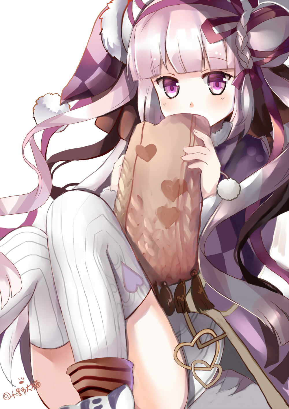 1girl blush checkered checkered_hat commentary_request covered_mouth double_bun dress fingernails hairband haku_(p&amp;d) hat heart highres holding long_hair long_sleeves lunacats pink_hair purple_hairband purple_hat puzzle_&amp;_dragons ribbed_legwear ribbed_sweater side_bun simple_background solo sweater sweater_dress thigh-highs twitter_username valentine very_long_hair violet_eyes white_background white_dress white_legwear
