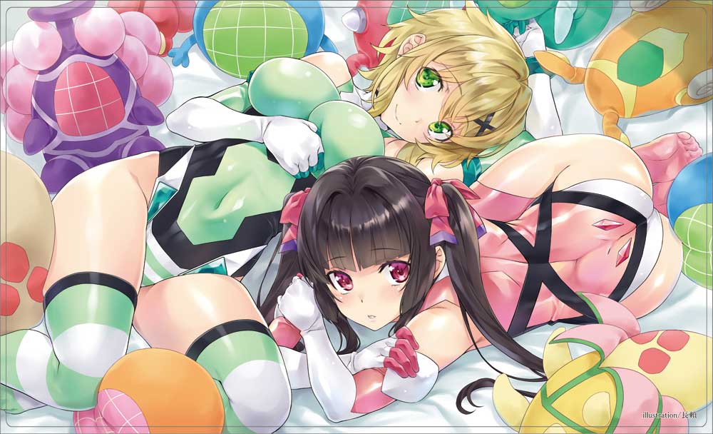 2girls akatsuki_kirika arm_up ass bangs bare_shoulders bed bed_sheet black_hair blonde_hair blunt_bangs blush breasts character_doll cleavage commentary_request covered_navel elbow_gloves eyebrows_visible_through_hair gloves green_eyes green_leotard hair_ornament large_breasts leotard long_hair looking_at_viewer lying multiple_girls nagayori noise_(symphogear) on_back parted_lips pink_eyes pink_legwear pink_leotard senki_zesshou_symphogear shiny shiny_clothes shiny_hair shiny_skin short_hair skin_tight striped striped_legwear thigh-highs tsukuyomi_shirabe twintails white_gloves x_hair_ornament