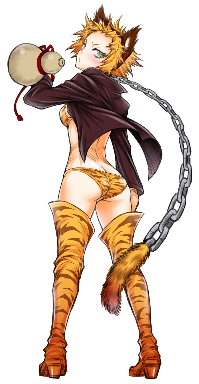 1girl aira_kanae akatsuki_akira alcohol animal_ears animal_print ass blush boots breasts cat_ears chains green_eyes highres jacket juuni_taisen looking_at_viewer looking_back midriff official_art orange_hair panties simple_background small_breasts solo thigh-highs thigh_boots tiger_print underwear white_background
