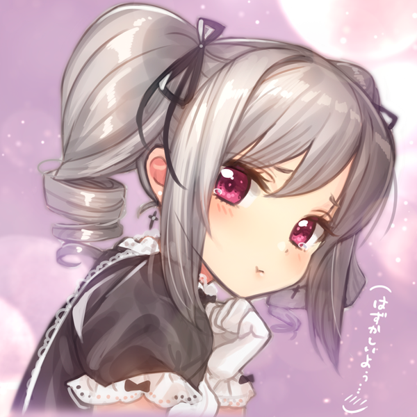 1girl :t bangs black_dress black_ribbon blush closed_mouth cross cross_earrings dress drill_hair earrings eyebrows_visible_through_hair eyelashes gloves hair_between_eyes hair_ribbon hand_up idolmaster idolmaster_cinderella_girls jewelry kanzaki_ranko long_hair looking_at_viewer looking_to_the_side pout puffy_short_sleeves puffy_sleeves ribbon short_sleeves sidelocks silver_hair solo tears translation_request tsukigami_runa twin_drills twintails upper_body violet_eyes white_gloves