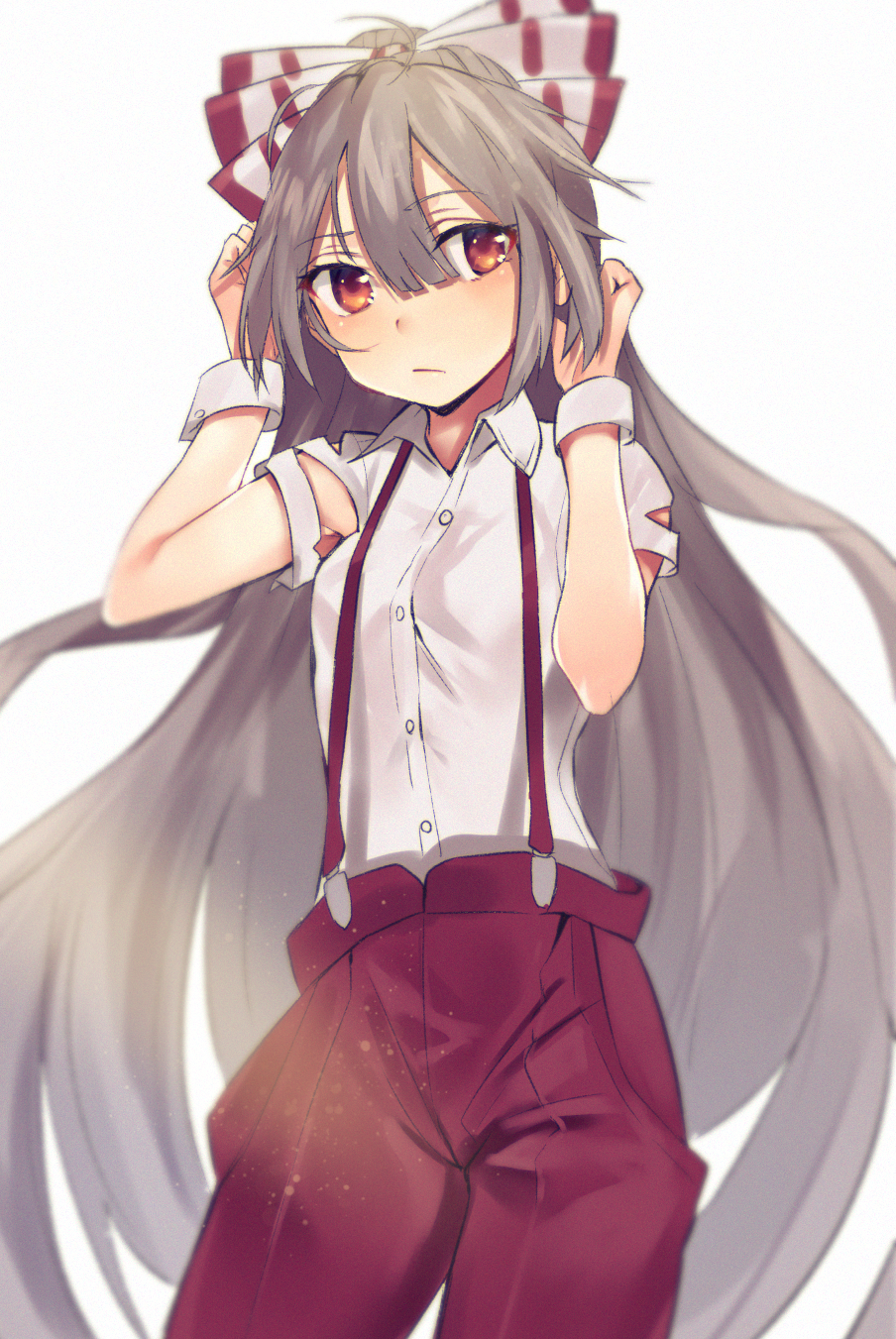 1girl asuzemu baggy_pants bow collared_shirt fujiwara_no_mokou hair_bow hair_ribbon highres long_hair pants red_eyes red_pants ribbon shirt short_sleeves silver_hair solo suspenders torn_clothes touhou very_long_hair white_bow white_hair white_shirt