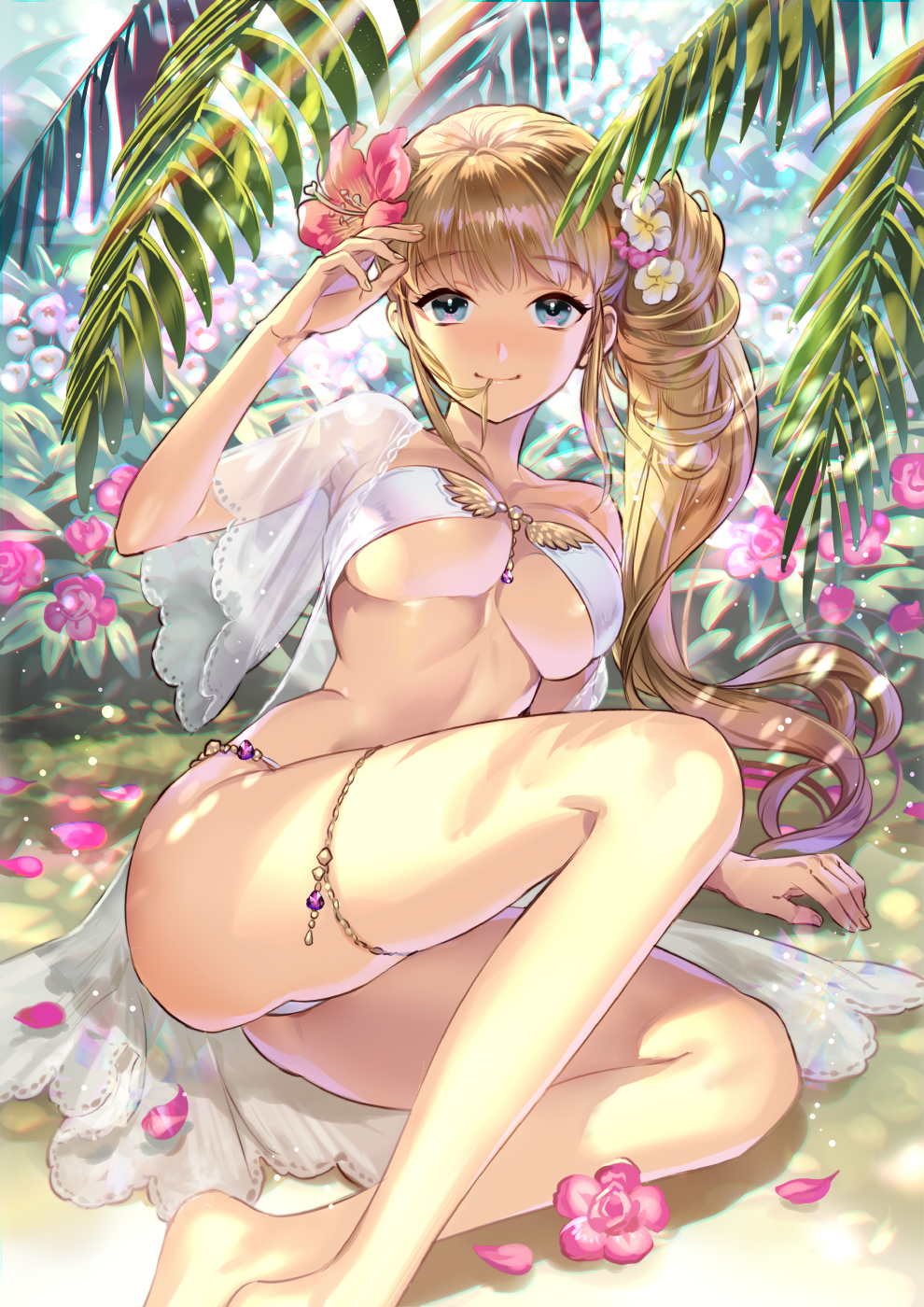 1girl arm_support ass bangs bare_legs barefoot bikini blonde_hair blush breasts closed_mouth collarbone dappled_sunlight day eyebrows_visible_through_hair feet_out_of_frame fern flower gradient_hair hair_flower hair_in_mouth hair_ornament hibiscus highres large_breasts lens_flare long_hair looking_at_viewer midori_fuu moe2018 multicolored_hair on_ground open_clothes original outdoors petals pink_hair plant reclining see-through shiny shiny_hair short_sleeves side_ponytail skindentation smile solo strapless strapless_bikini sunlight swimsuit thigh_strap thighs under_boob very_long_hair white_bikini