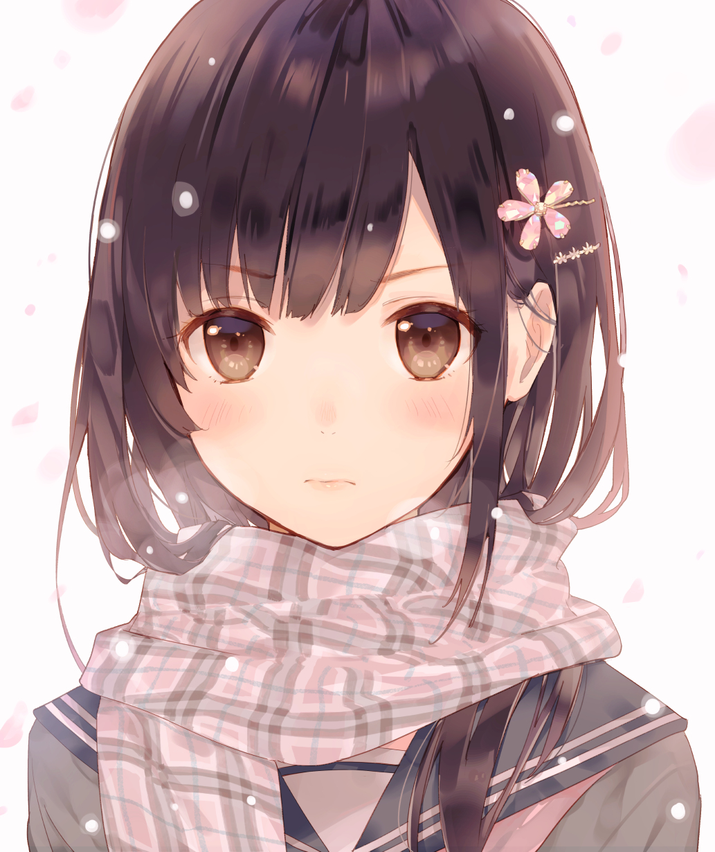 &gt;:( 1girl bangs black_sailor_collar brown_eyes brown_hair closed_mouth enpera eyebrows_visible_through_hair hair_ornament hairclip highres horiizumi_inko lips long_hair looking_at_viewer original petals pink_scarf plaid plaid_scarf sailor_collar scarf simple_background solo upper_body v-shaped_eyebrows white_background