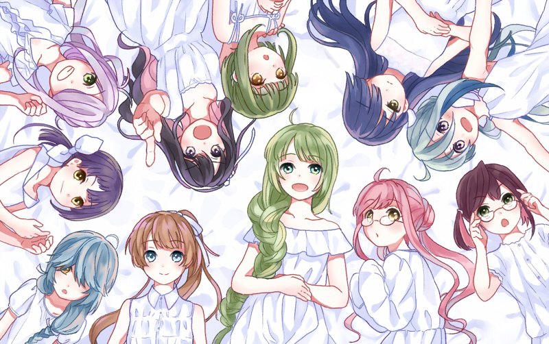 6+girls ahoge alternate_costume asashimo_(kantai_collection) bangs black_hair blue-framed_eyewear blue_eyes blunt_bangs bob_cut braid brown_eyes brown_hair commentary_request double_bun dress from_above fujinami_(kantai_collection) glasses green_eyes green_hair grey_eyes grey_hair grin hair_between_eyes hair_over_one_eye hair_ribbon hamanami_(kantai_collection) hayashimo_(kantai_collection) kantai_collection kazagumo_(kantai_collection) kiyoshimo_(kantai_collection) long_hair long_sleeves looking_at_viewer looking_up low_twintails lying makigumo_(kantai_collection) mitsuyo_(mituyo324) mole mole_under_mouth multicolored_hair multiple_girls naganami_(kantai_collection) okinami_(kantai_collection) pink_hair ponytail ribbon short_hair side_ponytail sidelocks silver_hair single_braid sleeves_past_fingers smile takanami_(kantai_collection) twintails two-tone_hair very_long_hair white_dress yellow_eyes yuugumo_(kantai_collection)