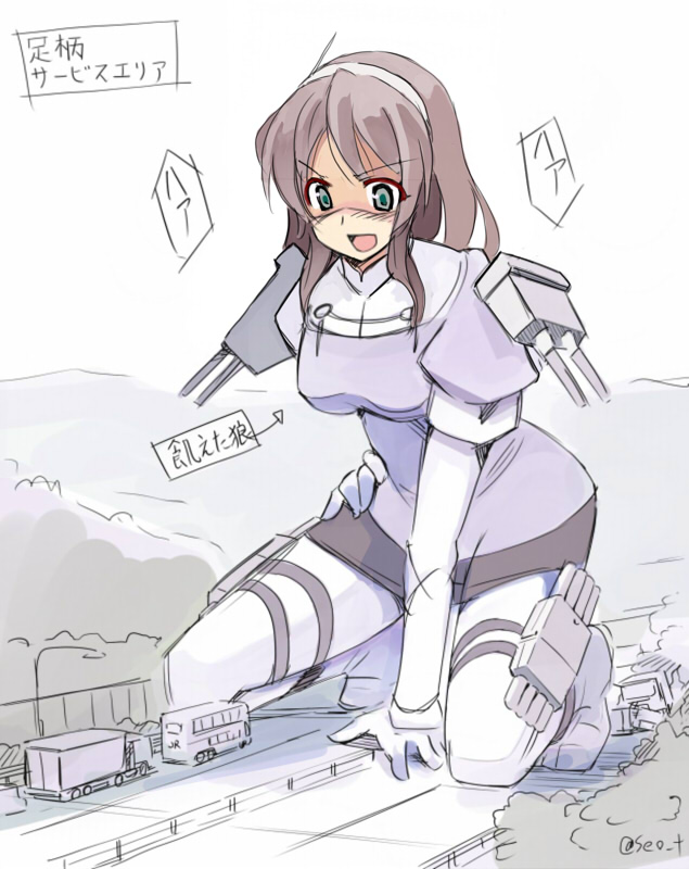 1girl ashigara_(kantai_collection) black_skirt blouse boots breasts brown_hair cannon elbow_gloves forest giantess gloves grey_eyes ground_vehicle hairband hand_on_hip highway horned_headwear kantai_collection kneeling long_hair motor_vehicle mountain nature outdoors pantyhose sailor_collar scenery seo_tatsuya sign skirt torpedo_tubes tree truck turret uniform wavy_hair white_gloves