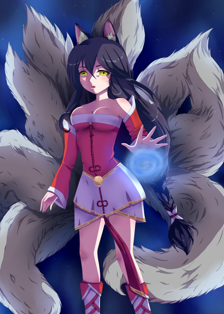 1girl @maya ahri black_hair boots breasts detached_sleeves fox_ears kitsunemimi league_of_legends long_hair medium_breasts multiple_tails whiskers yellow_eyes