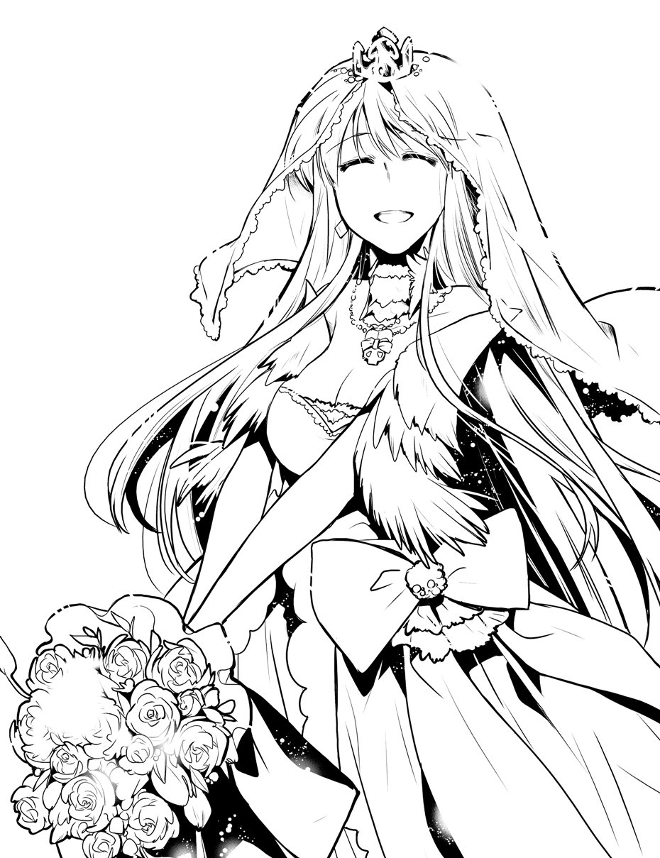 1girl azur_lane bangs bouquet breasts bridal_veil bride cleavage closed_eyes commentary_request cowboy_shot crown dress dress_bow earrings enterprise_(azur_lane) floating_hair flower greyscale highres holding holding_bouquet jewelry kapiko long_hair medallion medium_breasts mini_crown monochrome neck_garter rose smile solo veil very_long_hair wedding_dress