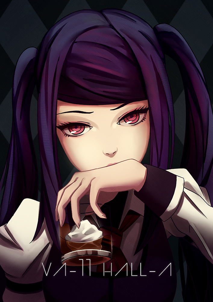 1girl alcohol black_hair covering_mouth glass ice jayceaua julianne_stingray looking_at_viewer pink_eyes purple_hair red_eyes sidelocks solo twintails va-11_hall-a whiskey