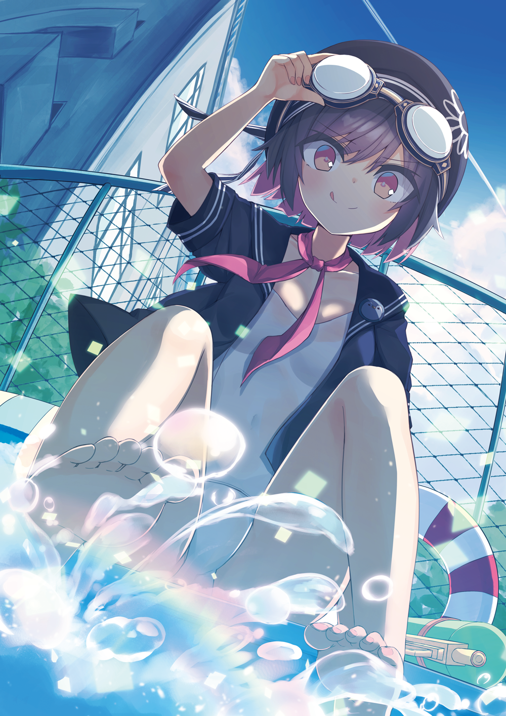 1girl :q beret black_hat black_sailor_collar black_shirt blue_sky blush breasts brown_eyes brown_hair building bush chain-link_fence closed_mouth clouds cloudy_sky collarbone commentary_request condensation_trail day dutch_angle fence goggles goggles_on_head hat highres kavka lifebuoy medium_breasts moe2018 nail_polish old_school_swimsuit one-piece_swimsuit open_clothes open_shirt original pink_nails sailor_collar school_swimsuit school_uniform serafuku shirt short_hair short_sleeves sky smile solo swimsuit toenail_polish toenails tongue tongue_out water_gun white_school_swimsuit white_swimsuit