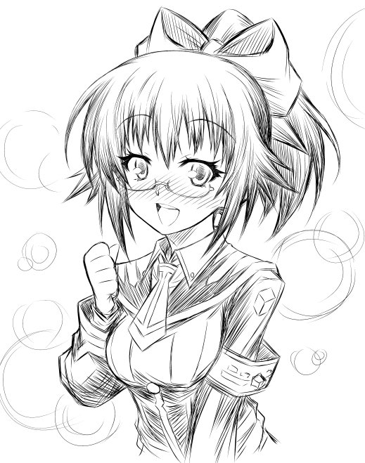 1girl akatsuki_akira armband blush bow glasses hair_bow kikaijima_mogana looking_at_viewer medaka_box monochrome official_art open_mouth ponytail school_uniform sketch smile solo