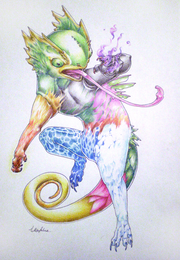 claws commentary creature endivinity full_body kecleon looking_away multicolored multicolored_skin no_humans pokemon pokemon_(game) pokemon_rse realistic simple_background solo tongue tongue_out traditional_media white_background