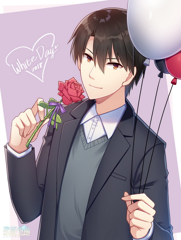 1boy 2018 artist_name balloon bangs black_jacket black_sweater brown_eyes brown_hair character_request closed_mouth collared_shirt flower heart hitsuki_rei holding holding_balloon holding_flower jacket leaf long_sleeves looking_at_viewer male_focus open_clothes open_jacket purple_background purple_ribbon red_flower red_rose ribbon rose shirt smile snowdreams_-lost_in_winter- solo sweater upper_body white_day white_shirt