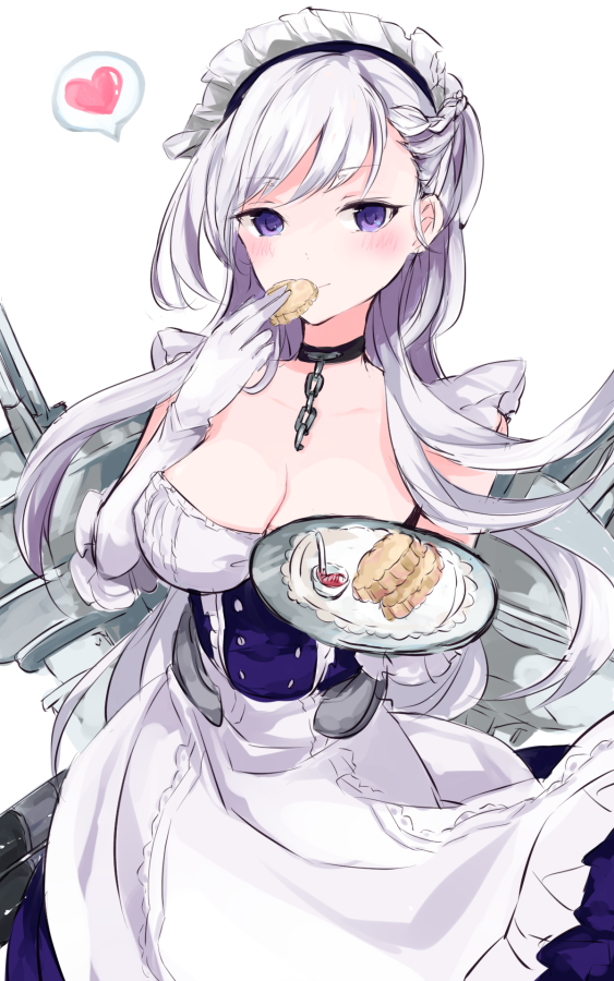 1girl apron azur_lane bangs belfast_(azur_lane) blush braid breasts cookie cowboy_shot dress eating elbow_gloves eyebrows_visible_through_hair floating_hair food french_braid gloves heart holding holding_cookie holding_plate jam large_breasts long_dress long_hair maid maid_apron maid_headdress plate rigging silver_hair solo sotsunaku spoken_heart turret violet_eyes