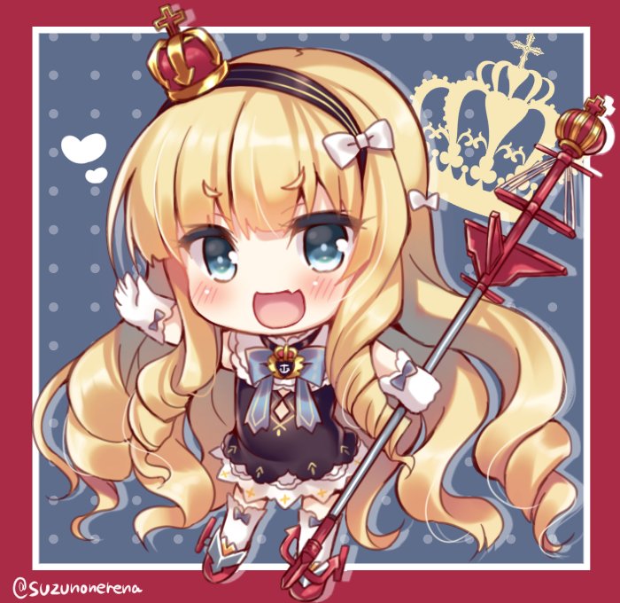 1girl :d azur_lane bangs blonde_hair blue_background blue_eyes blush border bow chibi commentary crown drill_hair eyebrows_visible_through_hair fang gloves hair_bow hairband heart holding looking_at_viewer mini_crown open_mouth queen_elizabeth_(azur_lane) red_border smile solo suzune_rena twitter_username white_bow white_gloves