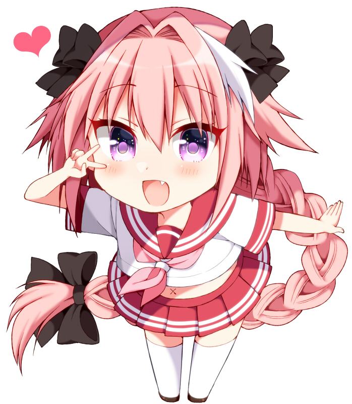 1boy :d arm_behind_back astolfo_(fate) bangs black_bow black_footwear blush bow braid chibi commentary_request crop_top dot_nose eyebrows_visible_through_hair eyelashes eyes_visible_through_hair fang fate/apocrypha fate/grand_order fate_(series) full_body hair_between_eyes hair_bow hair_intakes hands_up happy heart leaning_forward loafers long_braid looking_at_viewer male_focus miniskirt multicolored_hair navel neckerchief open_hand open_mouth parted_bangs pink_hair pink_neckwear pleated_skirt raised_eyebrows red_sailor_collar red_skirt sailor_collar school_uniform serafuku shirt shoes short_hair_with_long_locks short_sleeves simple_background single_braid skirt sleeve_cuffs smile solo standing streaked_hair thigh-highs trap tsukudani_norio tsurime two-tone_hair v violet_eyes white_background white_hair white_legwear white_shirt x_navel