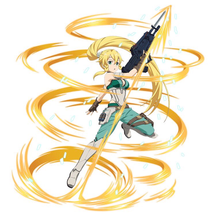 1girl blonde_hair boots breasts brown_gloves cleavage fingerless_gloves floating_hair full_body gloves green_eyes green_pants grey_footwear gun hair_between_eyes high_ponytail holding holding_gun holding_weapon knee_boots leafa long_hair looking_at_viewer medium_breasts pants rifle simple_background sleeveless solo sword_art_online very_long_hair weapon white_background