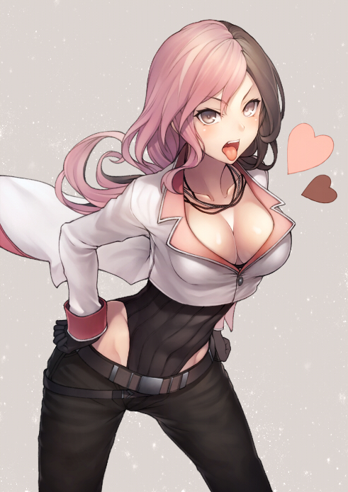 1girl belt black_gloves black_leotard black_pants breasts brown_eyes brown_hair cleavage collarbone covered_navel cropped_jacket eyebrows_visible_through_hair gloves grey_background hands_on_hips heart jacket jewelry kyoeiki large_breasts leaning_forward leotard light_particles long_hair looking_at_viewer multicolored_hair necklace neo_(rwby) open_mouth pants pink_hair rwby simple_background solo standing tongue two-tone_hair v-shaped_eyebrows white_jacket