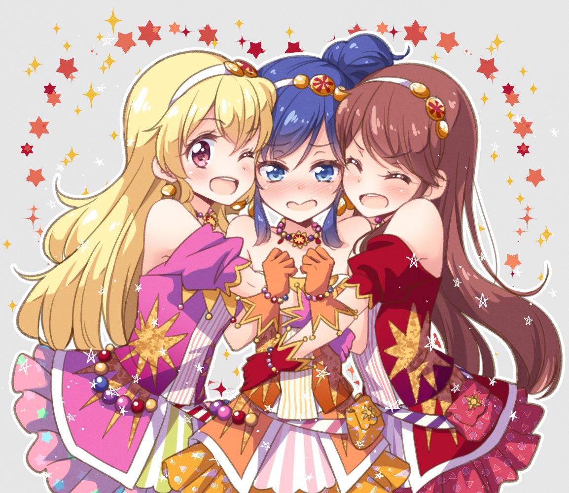 3girls ;d ^_^ ^o^ aikatsu! bare_shoulders blonde_hair blue_eyes blue_hair blush brown_hair check_commentary closed_eyes commentary_request earrings embarrassed eyebrows_visible_through_hair frilled_skirt frills full-face_blush girl_sandwich gloves grey_background hairband heart-shaped_mouth hoshimiya_ichigo idol jewelry kiriya_aoi long_hair multiple_girls necklace one_eye_closed open_mouth red_eyes sandwiched shibuki_ran side_ponytail simple_background skirt smile sparkle star tokunou_shoutarou upper_body violet_eyes