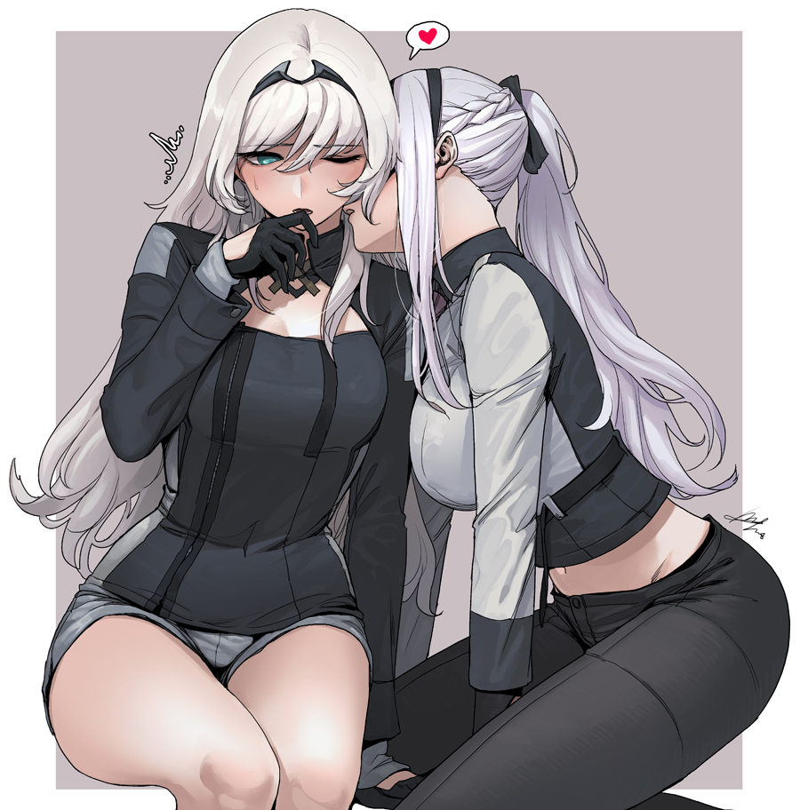 2girls ak-12_(girls_frontline) an-94_(girls_frontline) arm_support bangs bare_legs black_gloves black_pants blush bow braid breasts cleavage cleavage_cutout cowboy_shot finger_to_mouth from_side girls_frontline gloves green_eyes hair_bow hairband heart kiss long_hair long_sleeves looking_at_another midriff multiple_girls navel one_eye_closed outside_border pants ponytail shorts side_braid sidelocks signature sungwon sweat white_hair zipper